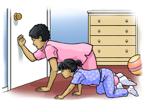 Woman on all fours on ground with back of hand on bedroom door. Small girl is on all fours beside her.