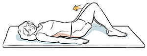 Woman lying on back with legs rotated to one side and head rotated to opposite side. 