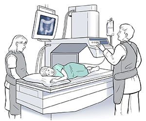 Child lying on side under X-ray machine. Healthcare provider is operating machine and looking at monitor.