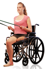Woman with amputated leg sitting in wheelchair exercising stretching exercise bands with both hands.