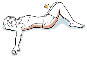 Woman lying on back with arms outstretched. Hips and pelvis are rotated to one side.