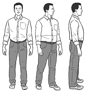 Front view of man standing with arms at sides. Three-quarter view of man taking small step to turn. Side view of man standing with arms at sides.