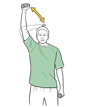 Man standing doing triceps press exercise.