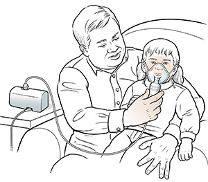 Man holding toddler on his lap and helping the child breathe through a nebulizer mask.