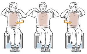 Man sitting in chair doing body twist exercise.