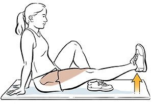 Seated woman doing straight leg raise exercise.